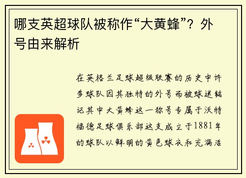 哪支英超球队被称作“大黄蜂”？外号由来解析