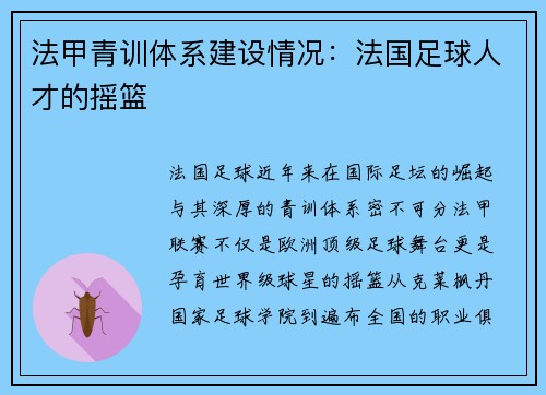 法甲青训体系建设情况：法国足球人才的摇篮