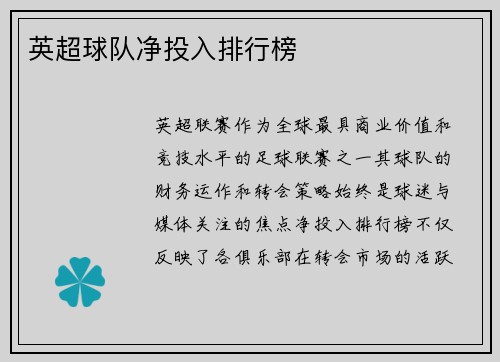 英超球队净投入排行榜